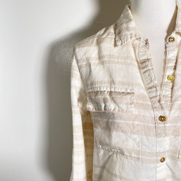 Ellen Tracy Popover Shirt Women's Small White Tan Striped 100% Linen Long Sleeve - Picture 5 of 16